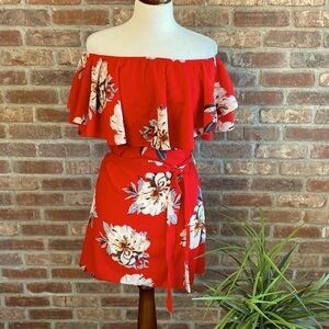 Acesnug small red off the shoulder dress with 2 layer ruffle.